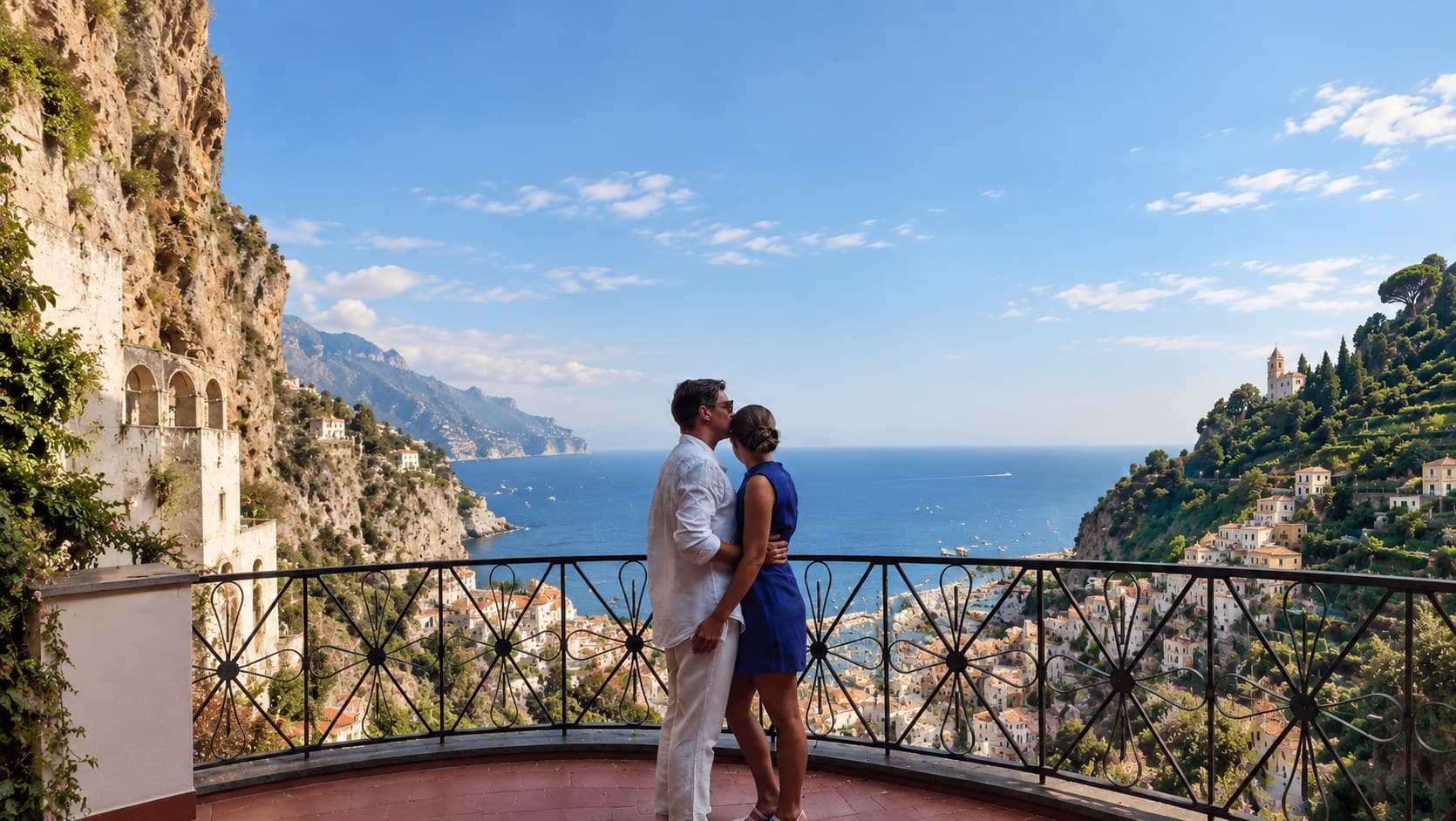 Christopher och Marie på en balkong med utsikt över Atrani på Amalfikusten