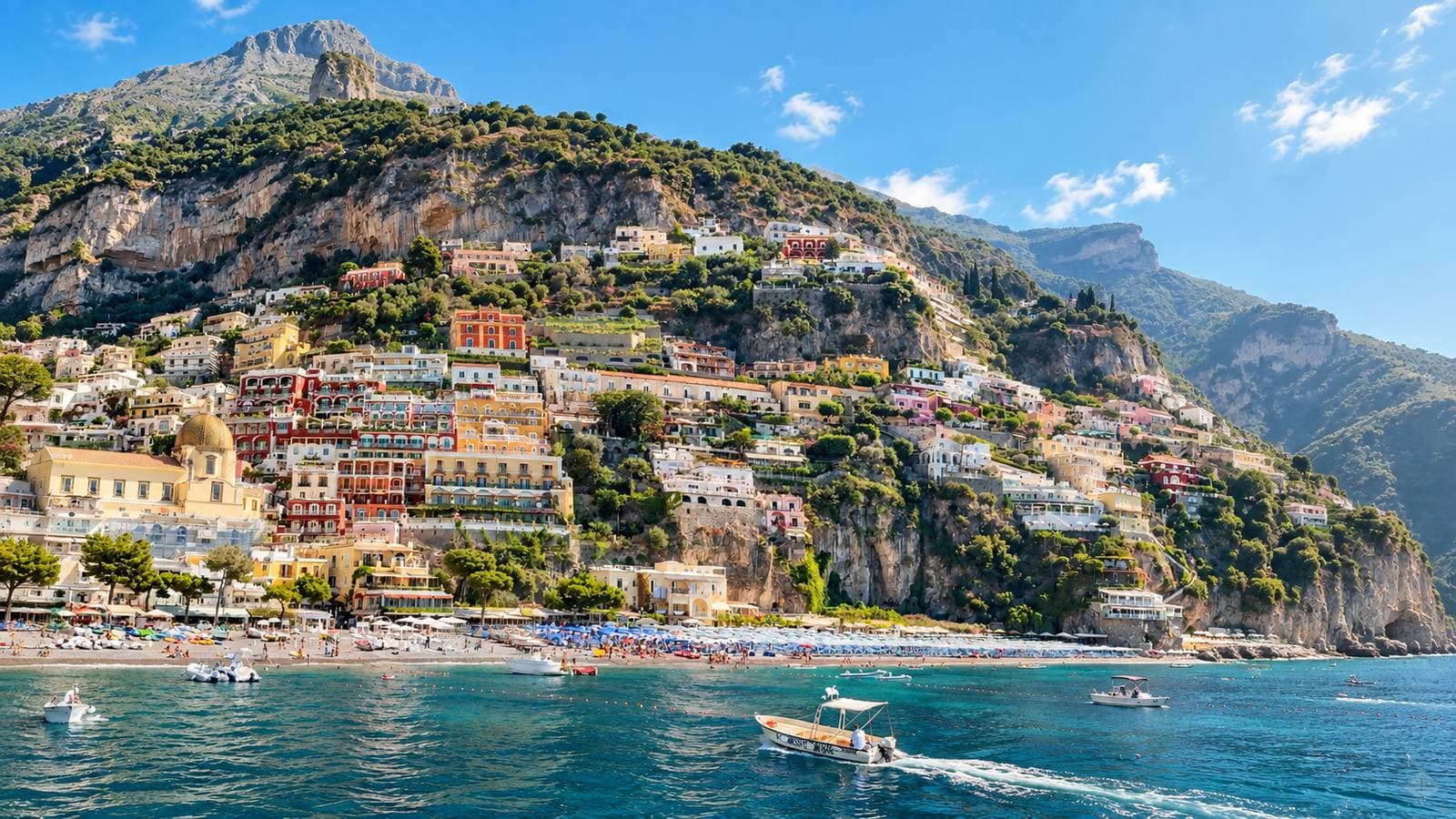 Positano vid Amalfikusten, ett färgglatt kustsamhälle på klippan med båtar i vattnet nedanför